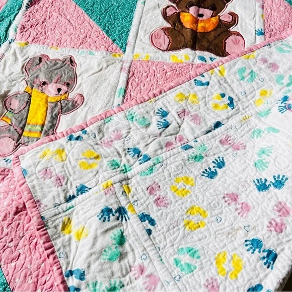 44”x54” Homemade Kids Cotton Quilt, Teddy BearQuilt Blanket.